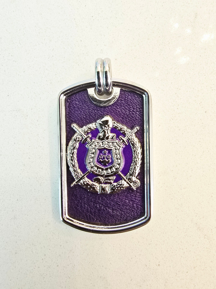 Omega Phi Phi Escutcheon leather inlay tag