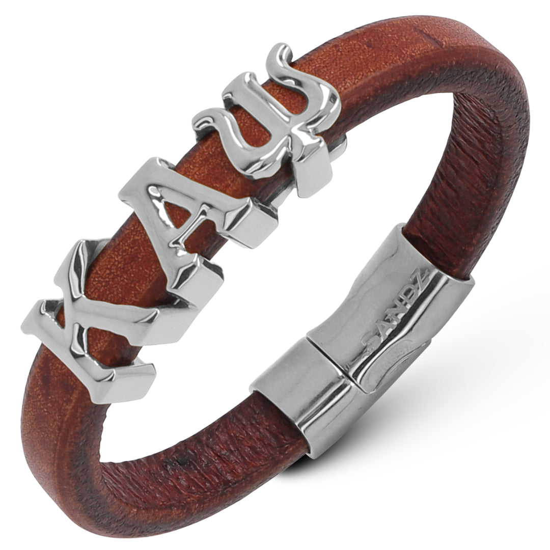 tobacco broen leather bracelet with silver greek letters Kappa Alphs Psi  on a white background