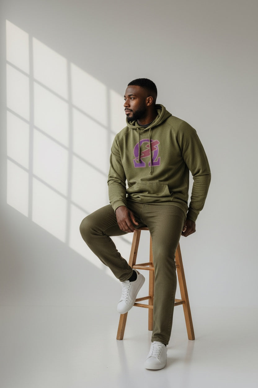 Omega Psi Phi hoodie, vintage washed raglan sweatshirt with lightning bolt logo
