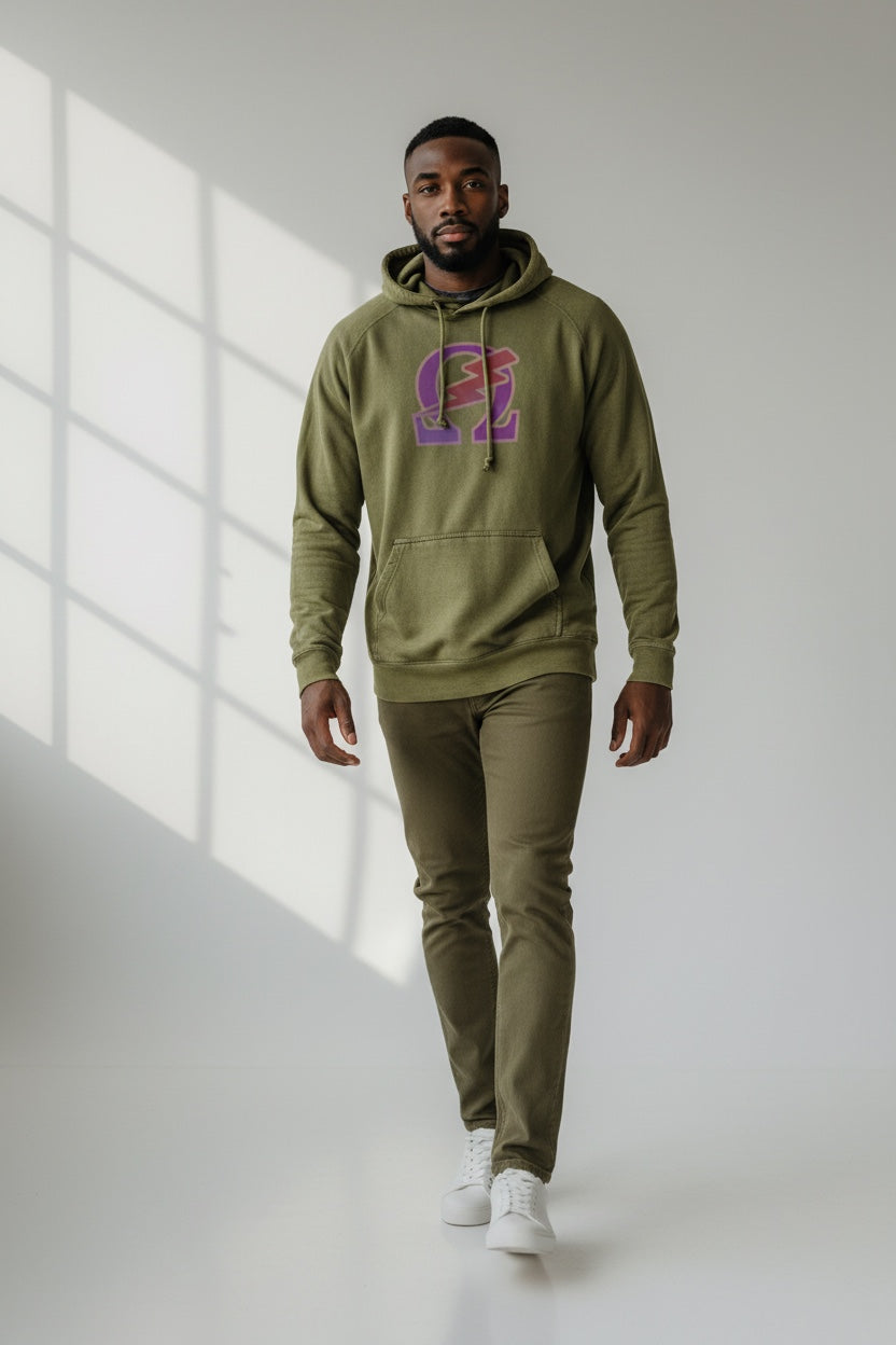 Omega Psi Phi hoodie, vintage washed raglan sweatshirt with lightning bolt logo