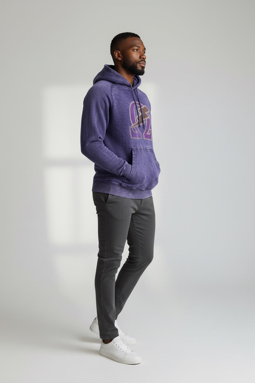 Omega Psi Phi hoodie, vintage washed raglan sweatshirt with lightning bolt logo