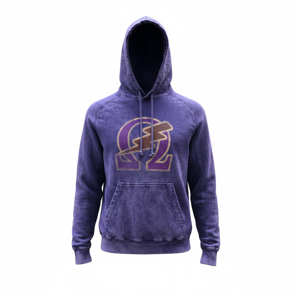 Omega Psi Phi hoodie, vintage washed raglan sweatshirt with lightning bolt logo