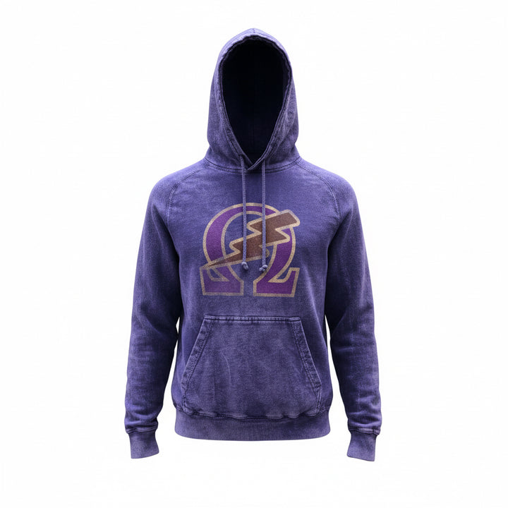 Omega Psi Phi hoodie, vintage washed raglan sweatshirt with lightning bolt logo