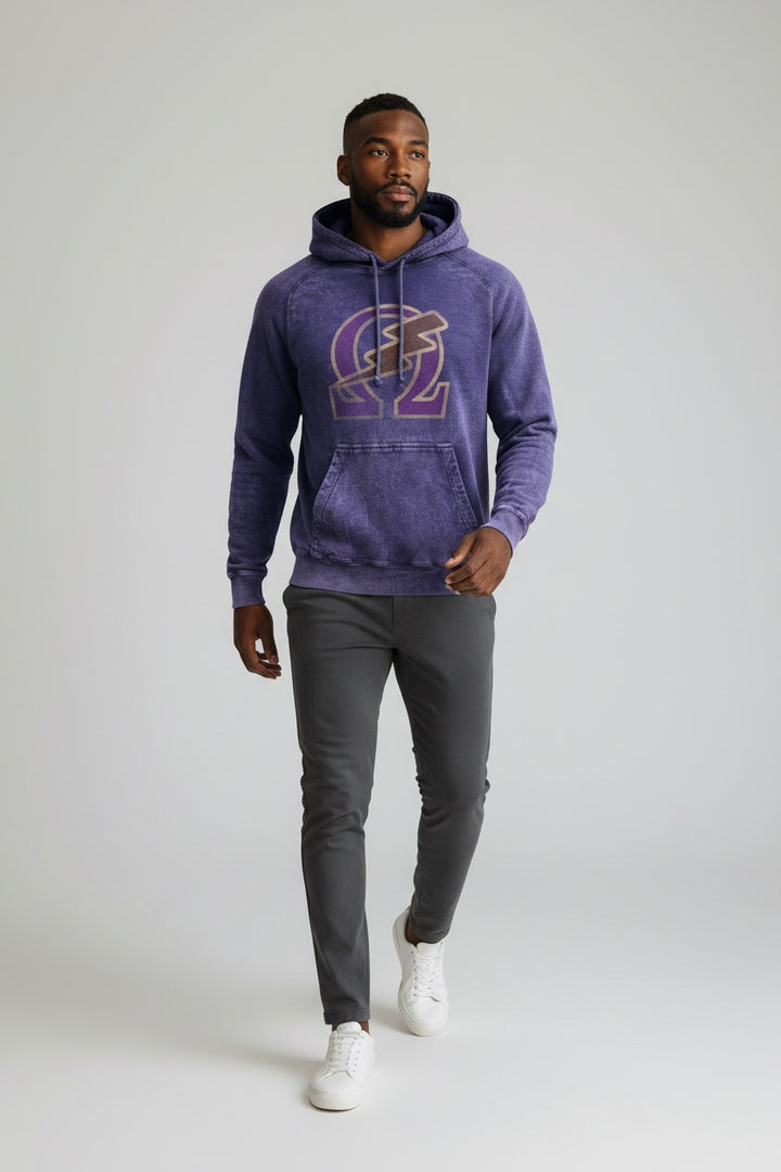 Omega Psi Phi hoodie, vintage washed raglan sweatshirt with lightning bolt logo