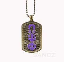 Omega Psi Phi Fraternity Dog Tag. Double Sided. 3d front design with raised 2d escutcheon on back